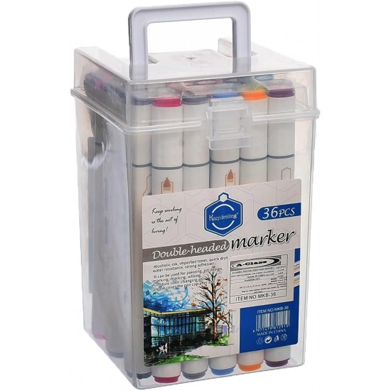 اقلام ماركر 36 لون راسين كحولي رفيع وعريض علبة بلاستك